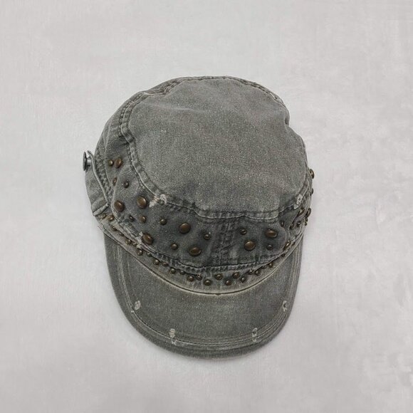 Distressed Studded Military Style Cap Women's One Size Green Hat - Picture 7 of 11